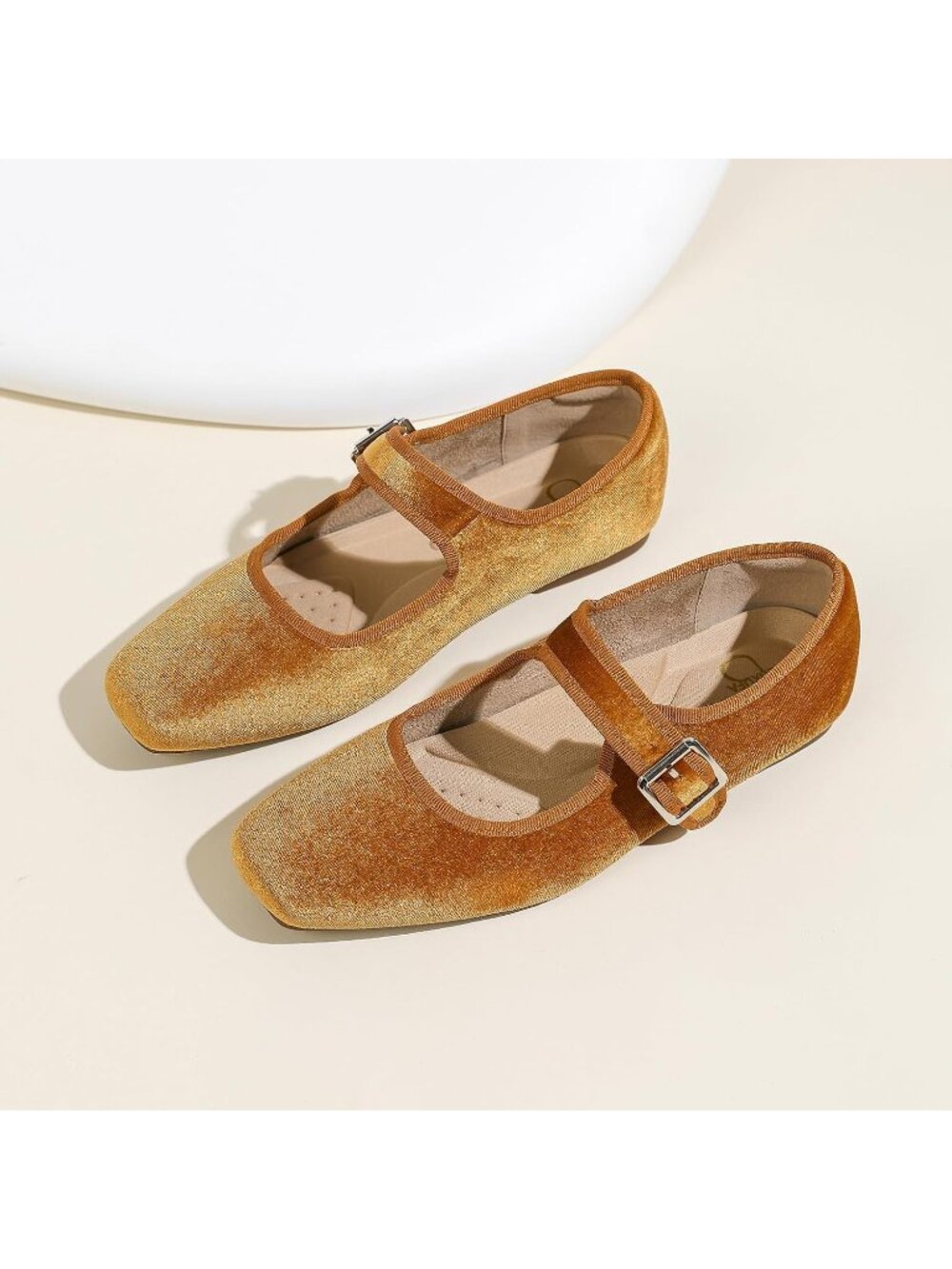 Women's Orange Brown Square Toe Ballet Flats Mary Jane Adjustable Strap Shoes - Picture 4 of 6